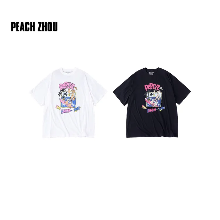 PEACHZHOU 新疆棉大力水手冲浪卡通宽松落肩圆领短袖松弛轻薄T恤