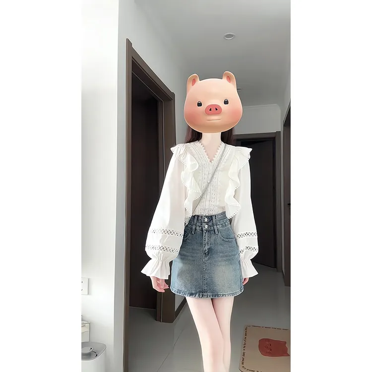 2025新款女士早春季法式气质高级感荷叶边V领衬衫上衣高腰半身裙