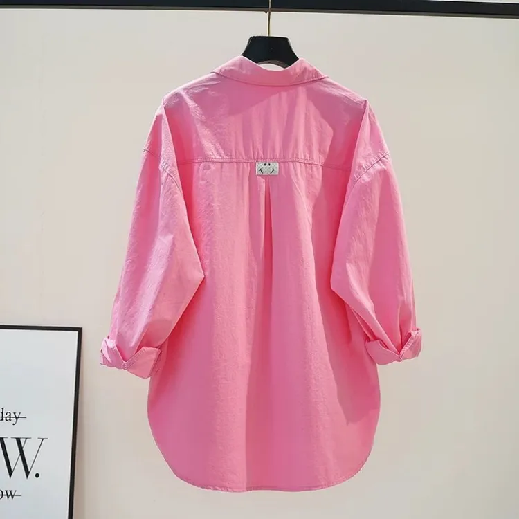 玫红色中长款纯棉衬衫女春秋2025新品薄款宽松长袖纯棉衬衣女外穿