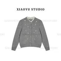 秋冬新款圆领钉珠羊毛针织开衫女毛衣外套KI-1011