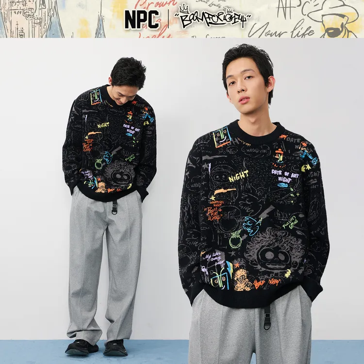 NPC潮牌发泡满印涂鸦圆领针织毛衣男潮流宽松舒适秋新NP57SW53
