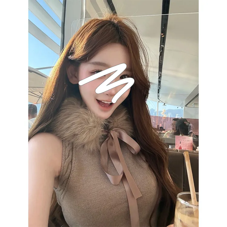 【冬日礼物】复古法式圣诞名媛蝴蝶结毛领围脖修法式复古显瘦针织衫