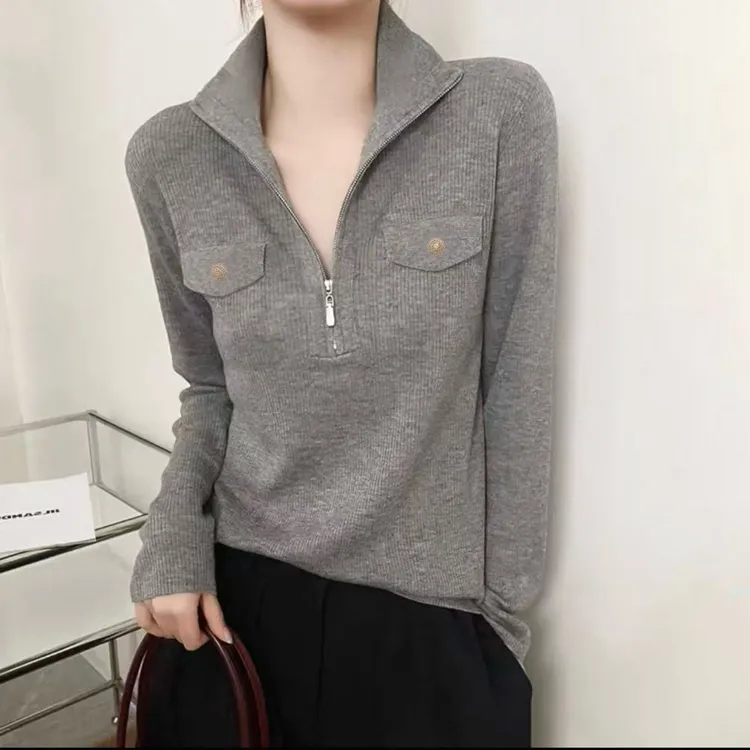 【大码】2025秋冬小香风套头纯色针织衫立领假口袋休闲上衣#2550