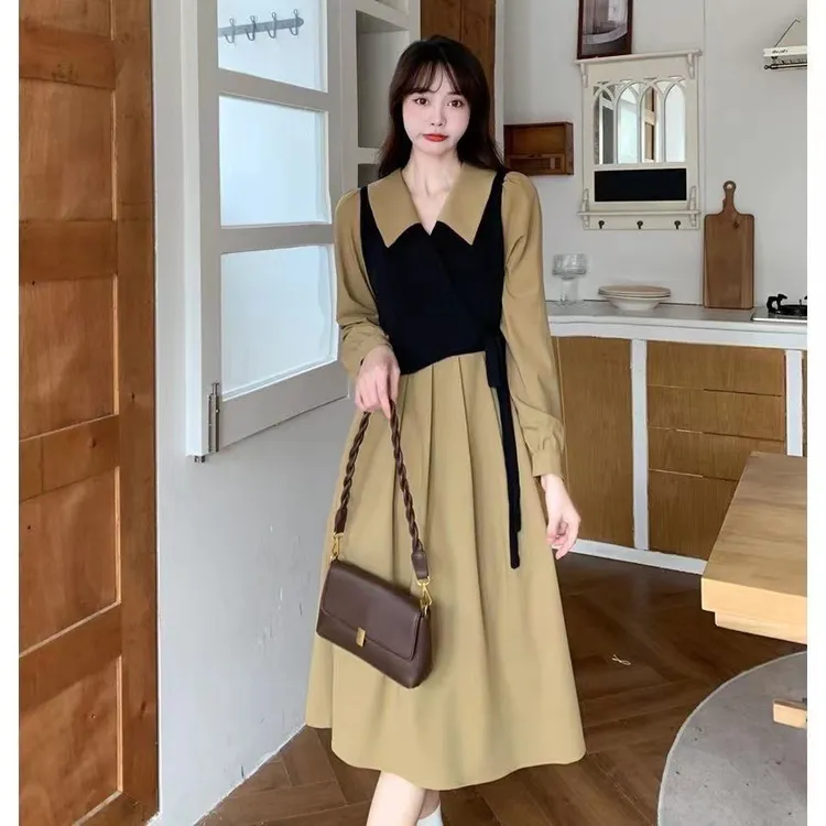 假两件长袖连衣裙女2023新款早秋装收腰显瘦修身绑带高级感气质长