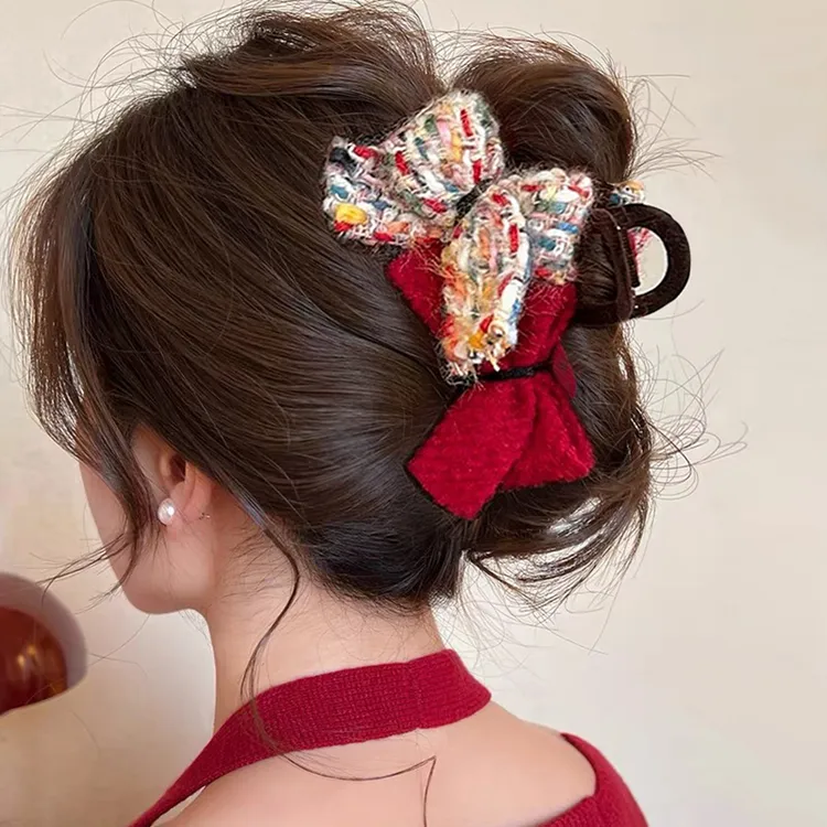 圣诞红撞色蝴蝶结抓夹大号女2024新高级感鲨鱼夹子发夹后脑勺头饰