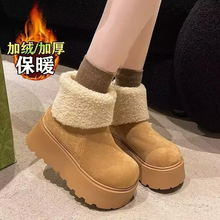 厚底磨砂勃肯鞋加绒加厚雪地靴女款冬季2025新款增高短靴保暖棉靴