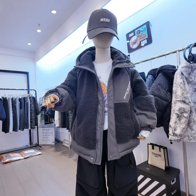 【小哥童装】秋冬厚款灰色拼接毛绒外套时尚冬款中大童外套88685