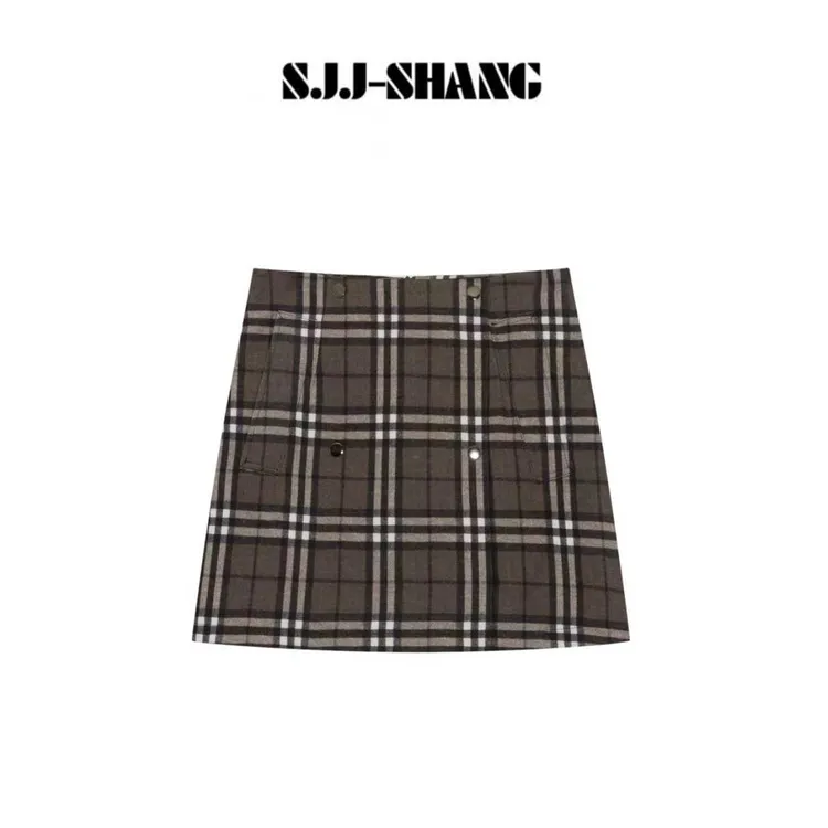 SJJ-SHANG【棕格】25早秋新品时尚休闲百搭格纹半身裙q135176p