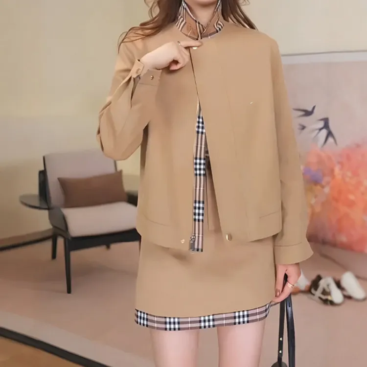 美式复古卡其色格子翻领短款风衣夹克外套长袖上显瘦高腰短裙套装