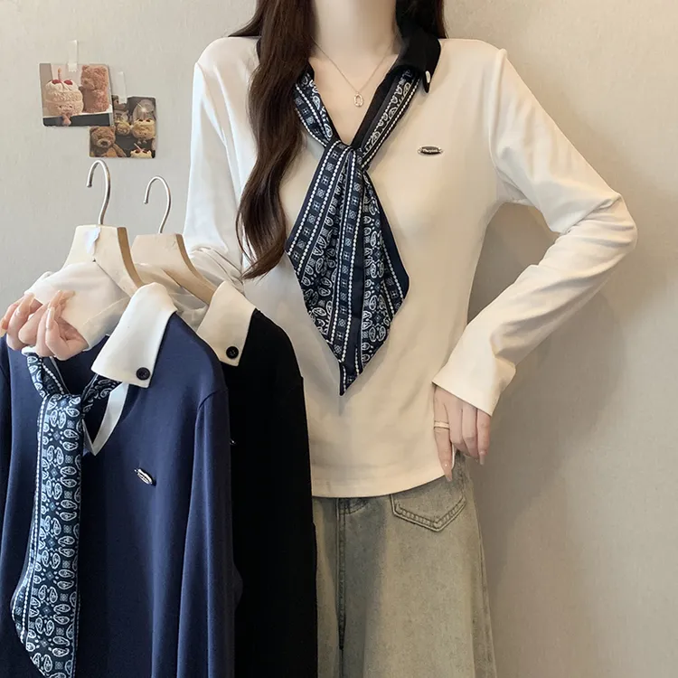 2025秋装新款胖mm大码女设计感翻领丝巾气质polo衫上衣长袖秋季