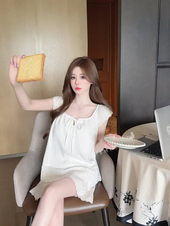 【绵绵】显瘦带胸垫纯欲甜美可外穿棉睡衣女夏季清纯法式公主风