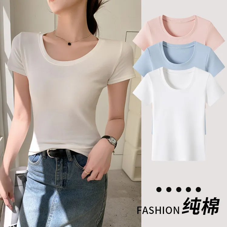 女款女装潮流u领短袖夏季薄款修身显瘦百搭纯色上衣T恤正肩白色