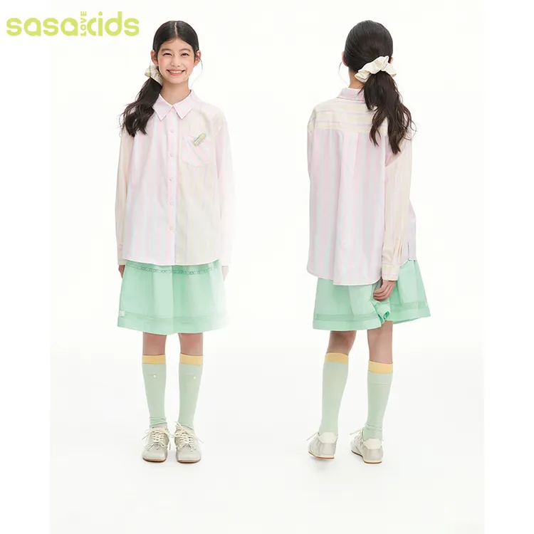 sasakids idol粉黄白撞色条纹甜美少女基础百搭休闲长袖衬衫女童