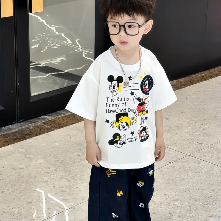 儿童夏季新款米奇套装新款年时尚男女宝宝米奇短袖米奇牛仔裤套装