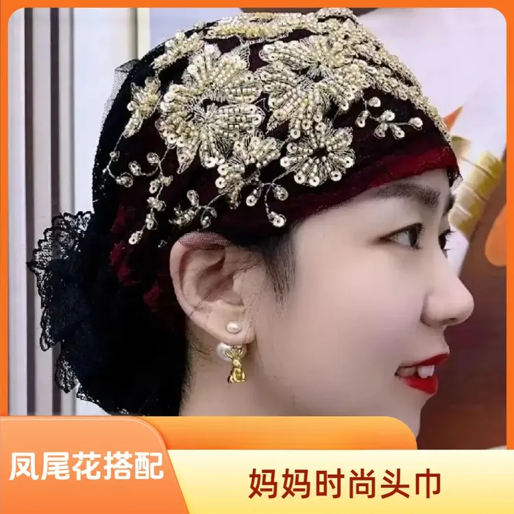 洋气百搭妈妈时尚头巾新款凤尾花盘花帽束发帽子白发蕾丝包头帽女