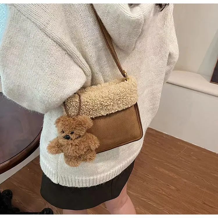 美拉德羊羔毛手机包小众韩版复古简约仿麂皮秋冬软软单肩斜挎小包