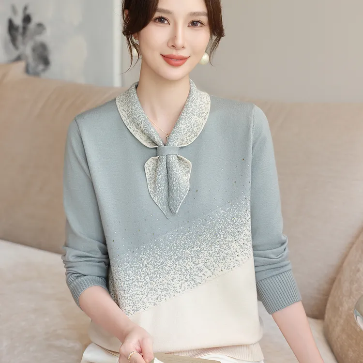 2025秋装新款妈妈洋气翻领针织衫春秋毛衣中老年女打底衫上衣套装