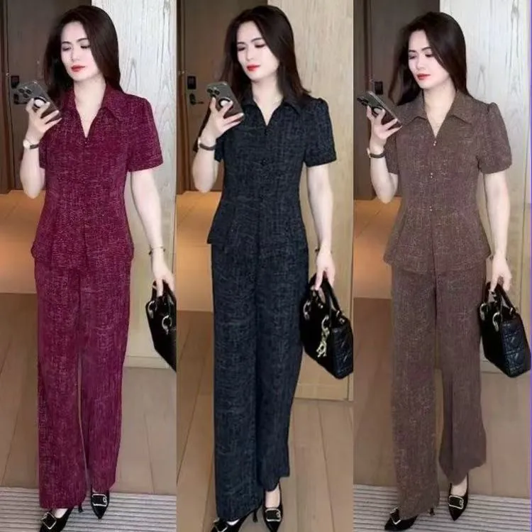 妈妈装时尚套装2025夏款新款洋气减龄遮肚子短袖上衣阔腿裤两件套