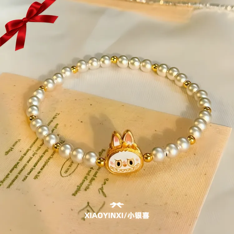 足银手链 正品潮玩labubu拉布布儿童银手链女卡通可爱风银珠手串