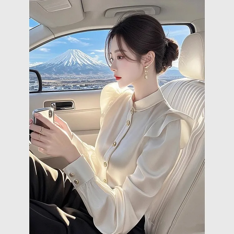 2025春季新款法式通勤穿搭高级感轻奢减龄洋气白色缎面衬衫女上衣