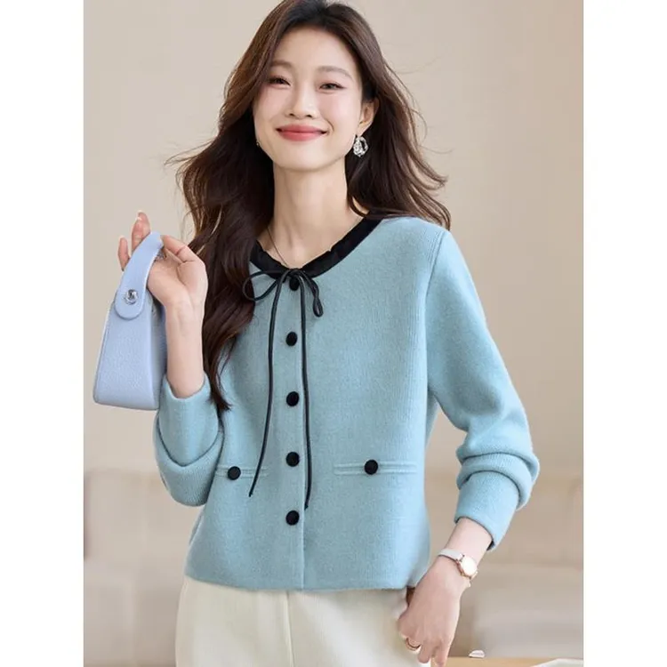 新款小香风针织毛衣外套女春秋季洋气小个子外搭短款长袖开衫上衣
