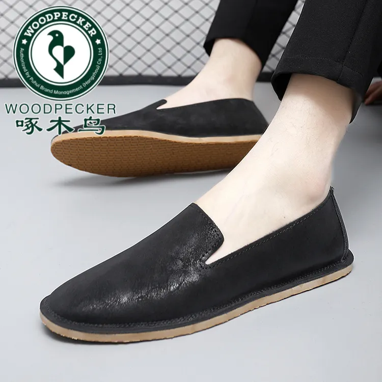 啄木鸟夏季2025新款豆豆鞋男皮面软底防滑轻便一脚蹬休闲皮鞋透气