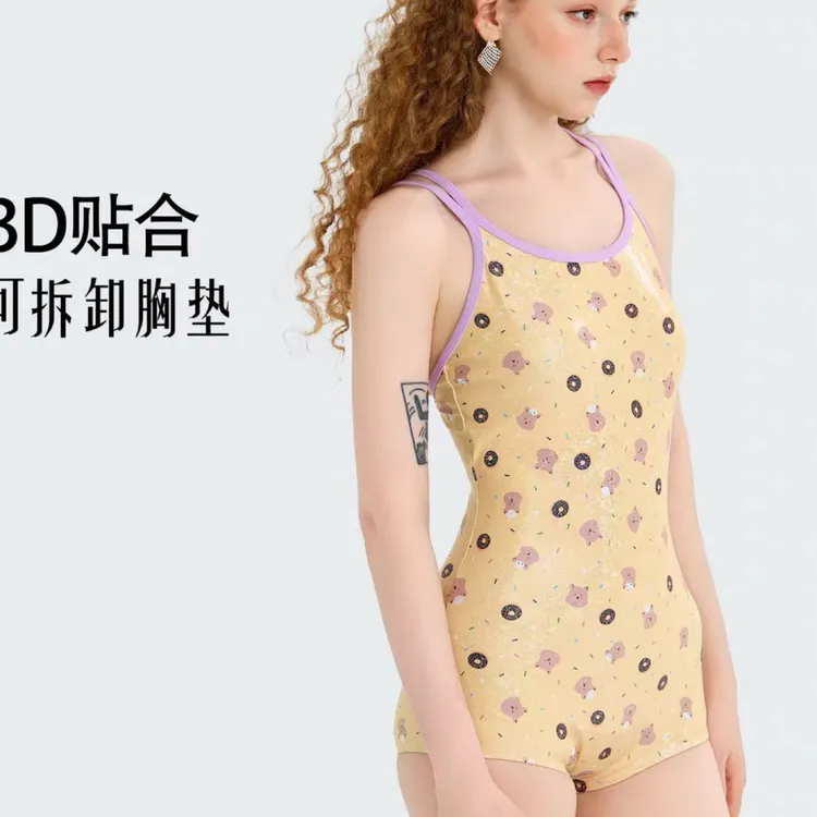 黄油小熊连体小平角竞速泳衣专业运动女显瘦遮肉温泉游泳衣潜水