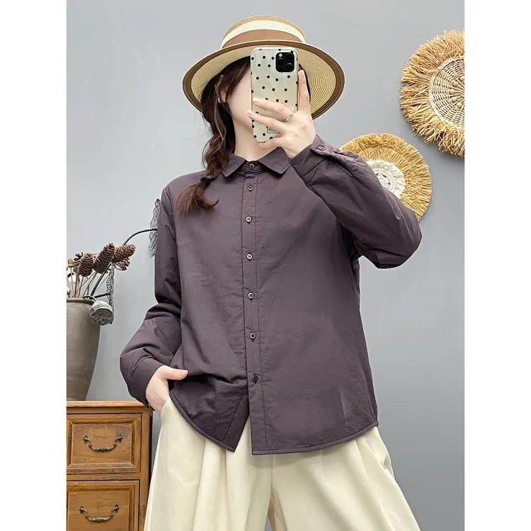 秋冬新款复古方领夹棉上衣女加厚长袖衬衫宽松休闲百搭棉衣外套女