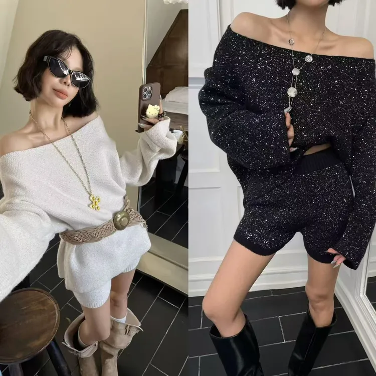 细闪亮丝高级感露肩针织套装女秋冬松弛感时尚斜肩毛衣短裤两件套