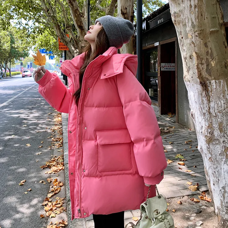 粉色减龄连帽羽绒服女2025冬季新款慵懒风中长款90白鸭绒加厚外套