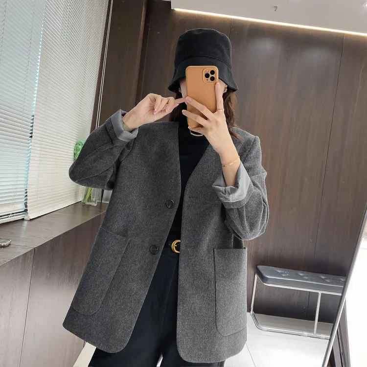 IMFLY金小金自制女装 绵羊毛外套DYW9870老钱风V领时尚西装外套