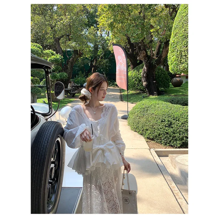 法式气质蕾丝拼接收腰露背防晒衬衫吊带裙