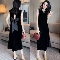 无袖真丝丝绒后背拼蝴蝶结减龄显瘦开叉连衣裙