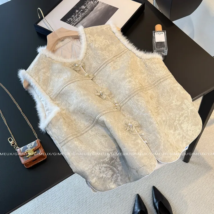 新中式提花外穿马甲女加棉毛领坎肩国风百搭背心外套2025年冬季