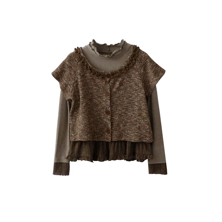 春季木耳花边蕾丝拼接磨毛打底衫针织短袖开衫叠穿两件套上衣T恤