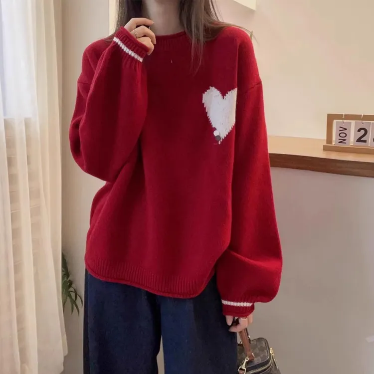 冬季女士新款拼接时尚爱心针织毛衣圆领宽松打底百搭显瘦套头上衣