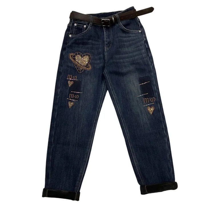T88038766秋冬重工刺绣烫钻显瘦牛仔老爹裤（不带腰带）