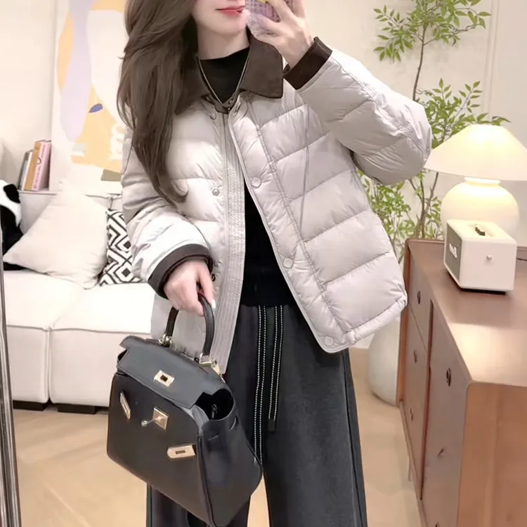 霖优拼色翻领面包服女2025冬季新款韩版宽松休闲棉服外套短款棉袄