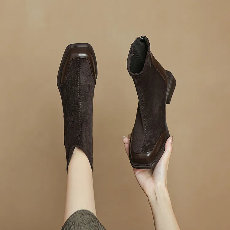 弹力绒面拼接短靴女粗跟袜靴秋冬加绒显瘦方磨砂皮低跟瘦瘦靴子