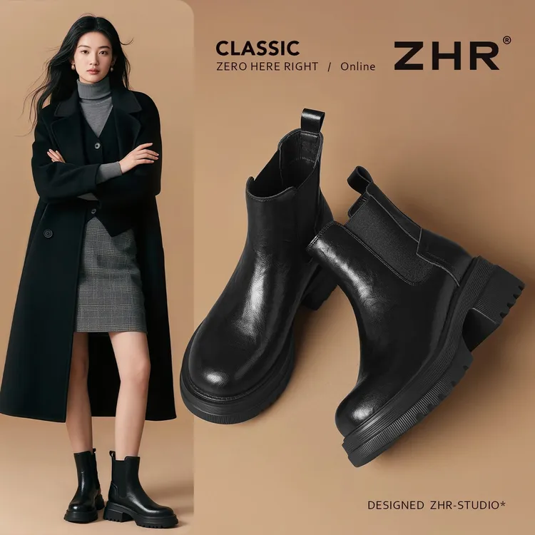 ZHR切尔西短靴新款厚底增高瘦瘦黑色切尔西女靴短靴烟筒靴子秋季