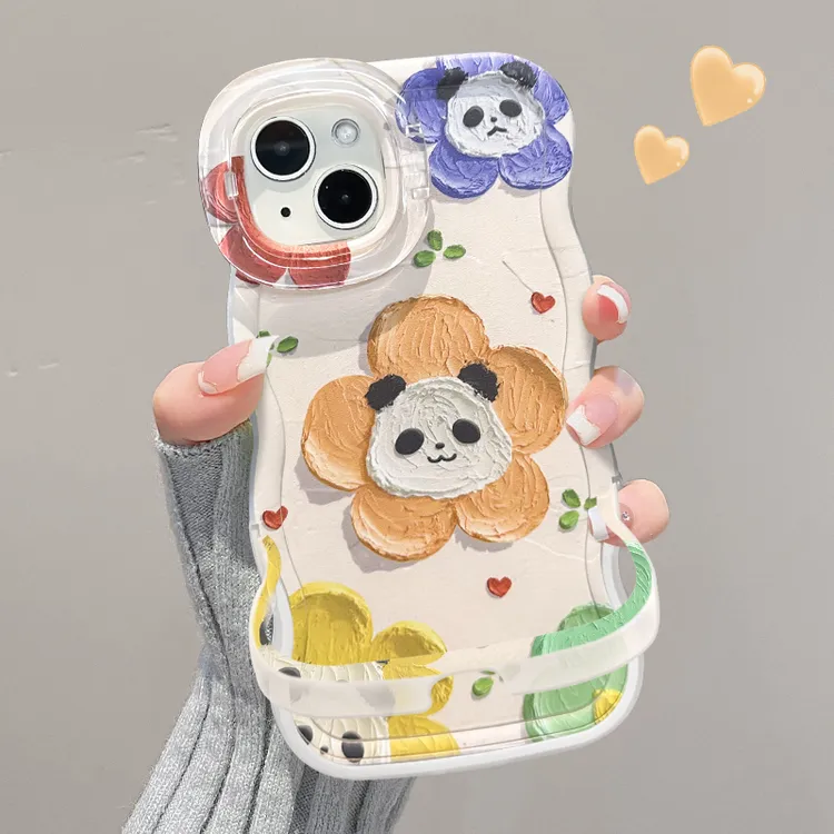 油画花熊猫适用苹果16vivo华为oppo小米iPhone15板凳双支架手机壳