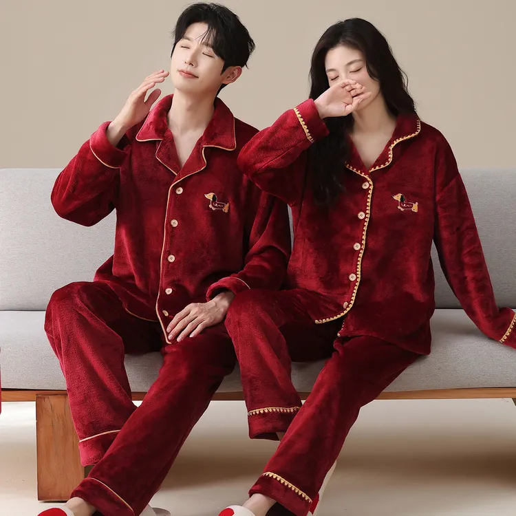 2套价结婚红色睡衣新婚情侣套装秋冬珊瑚绒家居服加厚保暖法兰绒