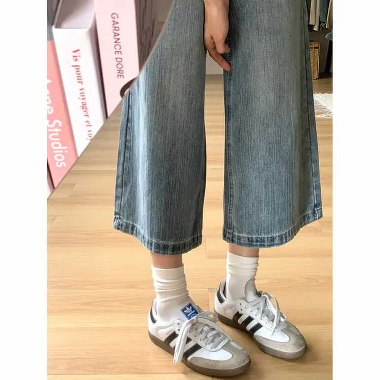 美式复古八分牛仔裤女2025夏季新款小众设计感梨形显瘦百搭阔腿裤