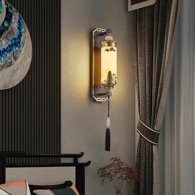 新中式背景墙玄关走廊新中式国风实木玉石客厅壁灯禅意古典壁灯