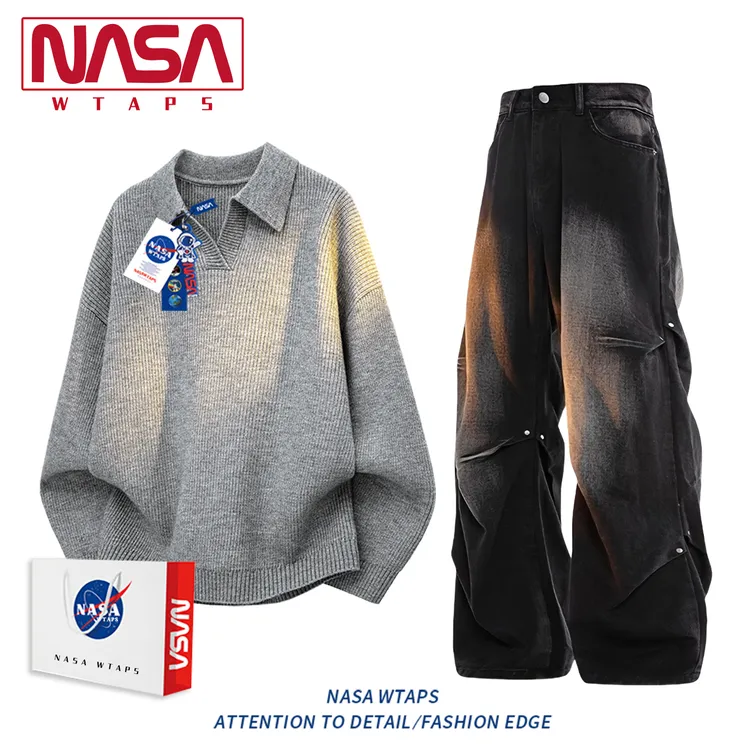 NASA WTAPS纯色POLO领毛衣套装男秋冬季休闲百搭宽松直筒裤两件套