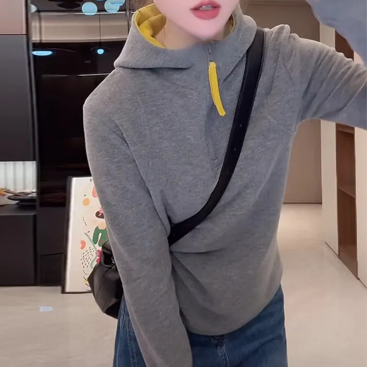 韩版拼色软糯德绒半拉链连帽卫衣女2025春秋季新款打底衫帽衫上衣