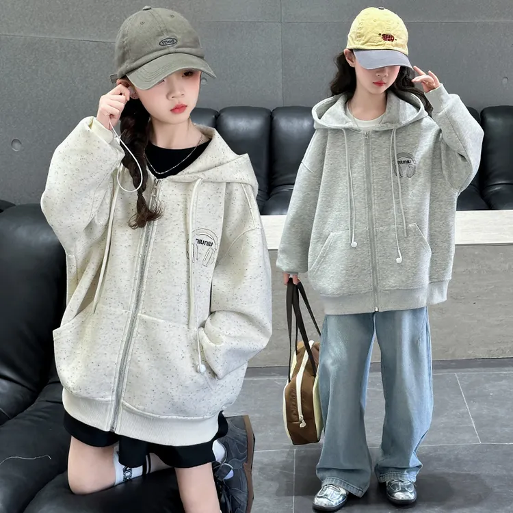 女童春季外套2025新款6-12岁15岁韩系连帽卫衣中大童时髦休闲上衣