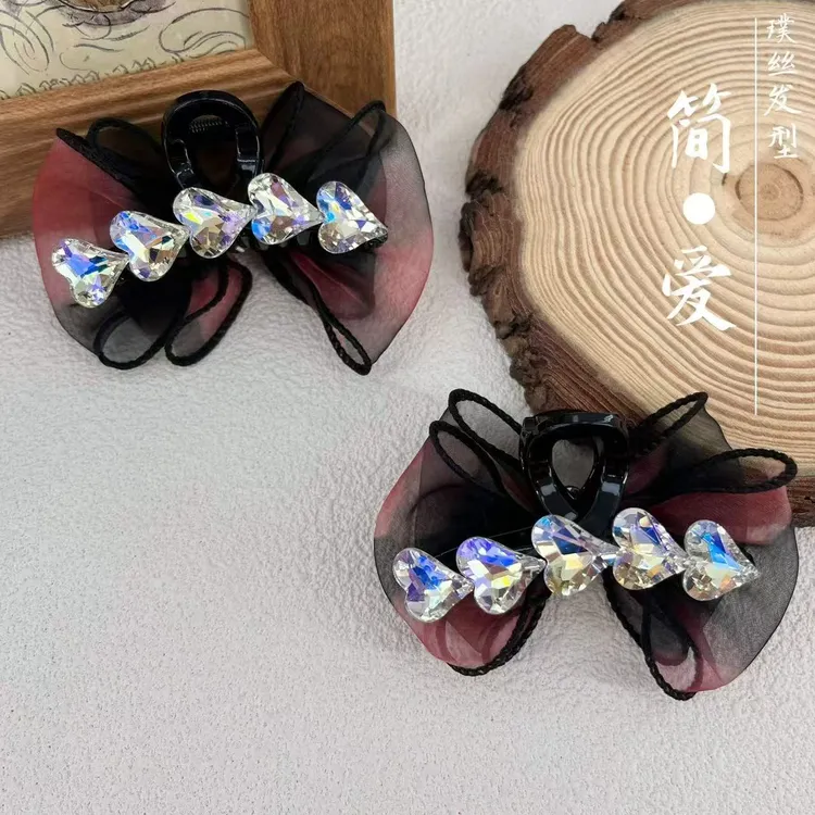 森系时尚百搭气质AB面爱心月光水钻泡泡纱抓夹7cm双面侧边夹