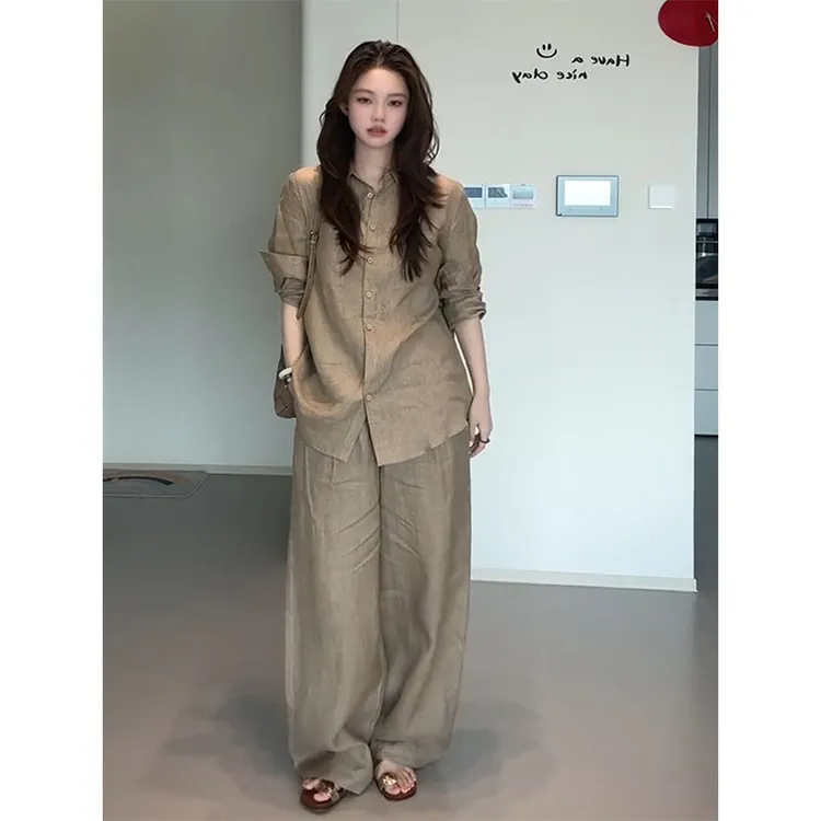 老钱风松弛感休闲棉麻套装2025初秋新款高端棉麻衬衫阔腿裤两件套