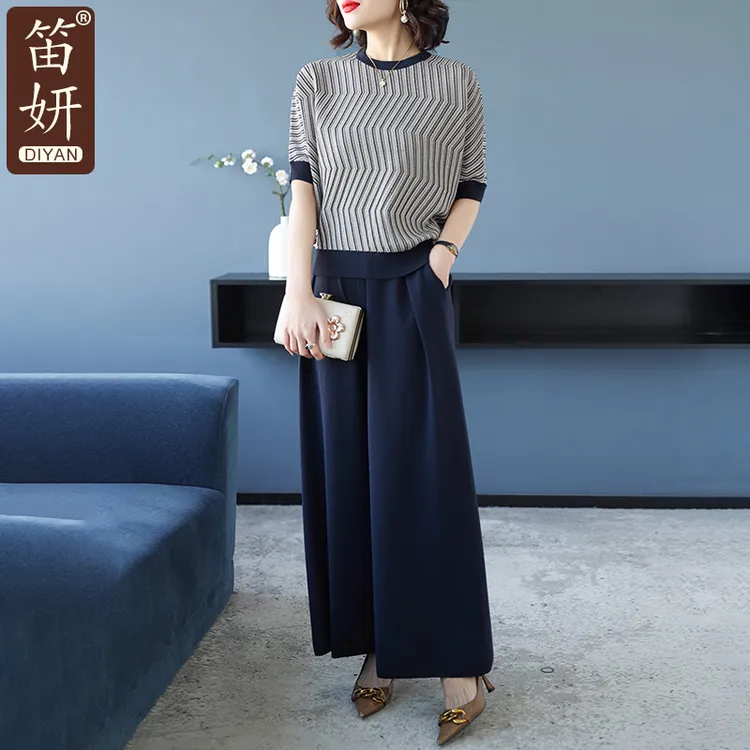 40岁50多妈妈夏装套装2025新款针织上衣中老年女士休闲两件套